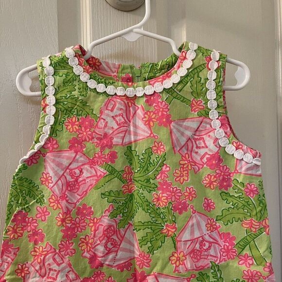 Lilly Pulitzer Shift Dress Palm Trees Floral Tents Pink Green Girls Size 5 - Picture 2 of 15